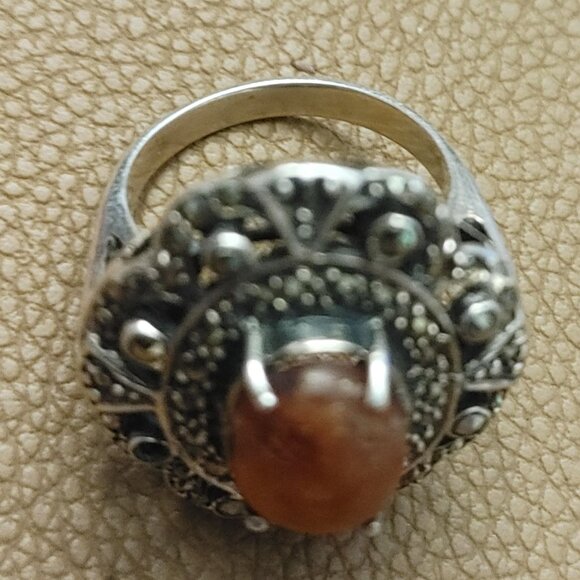 Filigree Ring Size 6 Baltic Amber Sterling Silver 925 Vintage Antique Style - Picture 10 of 15